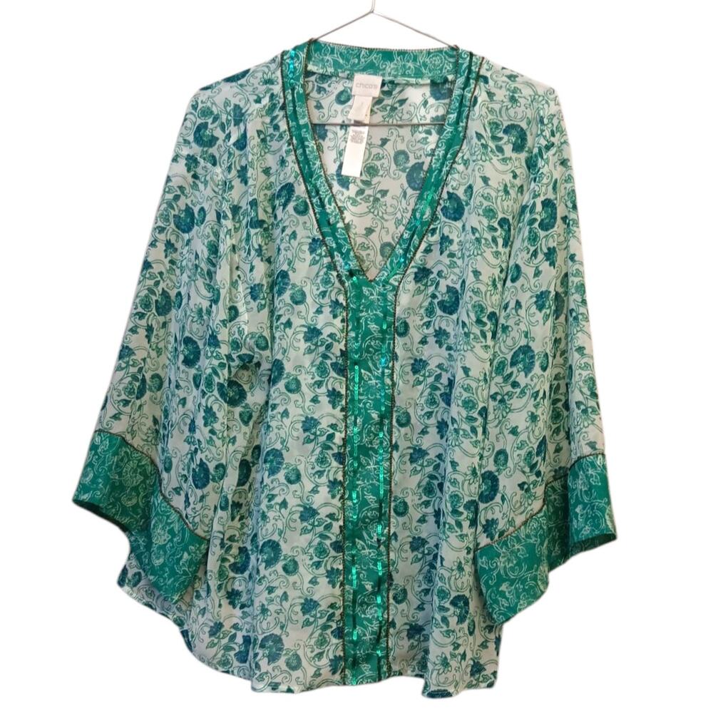 CHICO'S 3 Blouse‎ Top Tunic Swim Cover Up XL Sheer Beaded Sequin Beach Vacation